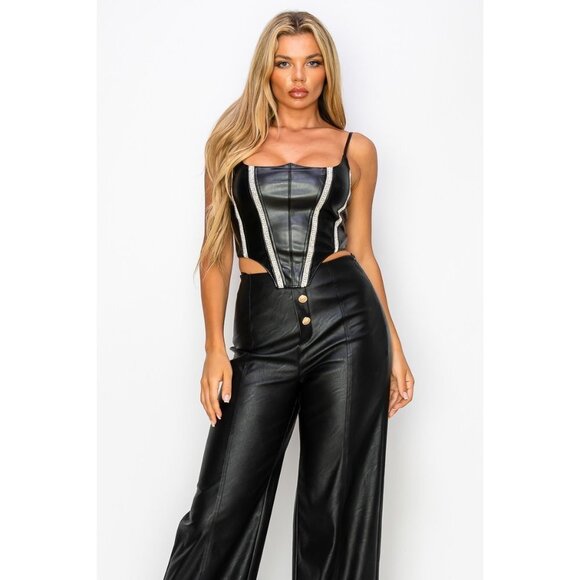 Cefian Fashion Tops - Women’s Black Leather Rhinestone Pearl Corset Bustier Top